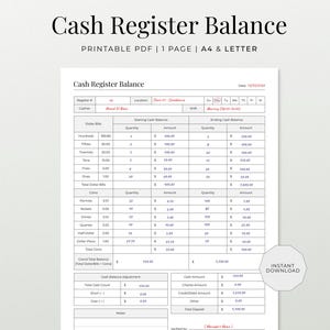 Registro de caja, hoja de conteo diario (A4 y carta) (descarga instantánea)