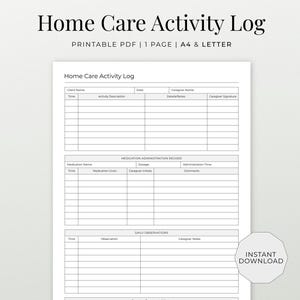 Registro diario de actividades del cuidador, registro de medicación (A4 y carta) (descarga instantánea)