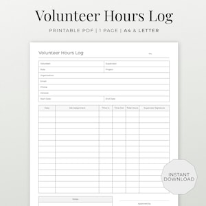 Volunteer Hours Tracker Printable | Community Service Log (PDF)
