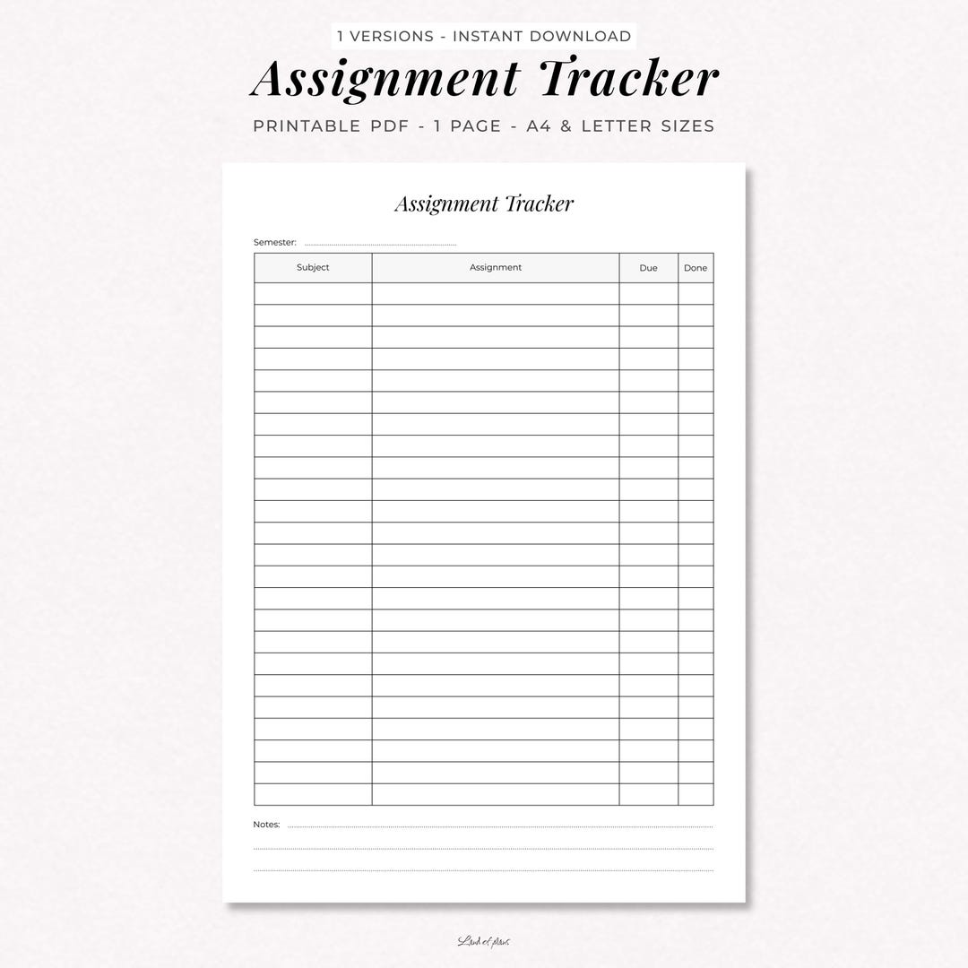 Minimalist Assignment Tracker Printable, College Homework Log (a4 ...