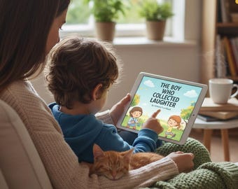May include: A person and a child are seated on a couch, reading a tablet. The tablet displays the cover of a children's book titled "The Boy Who Collected Laughter." An orange cat is curled up asleep on the person's lap.