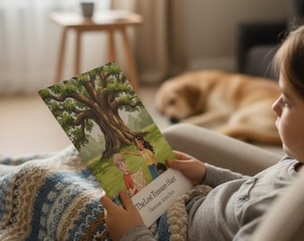 May include: A child reads "The Lost Treasure Hunt" book, featuring a colorful illustration of a large tree and two children. The book is held on a patterned blanket, with a golden retriever dog in the background.