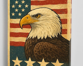 Majestic Bald Eagle with American Flag Patriotic Wall Art Print Americana Home Decor USA Pride Rustic Eagle Poster for Veterans & Military