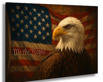 Majestic Bald Eagle with American Flag Patriotic Wall Art Print Americana Home Decor USA Pride Rustic Eagle Poster for Veterans & Military
