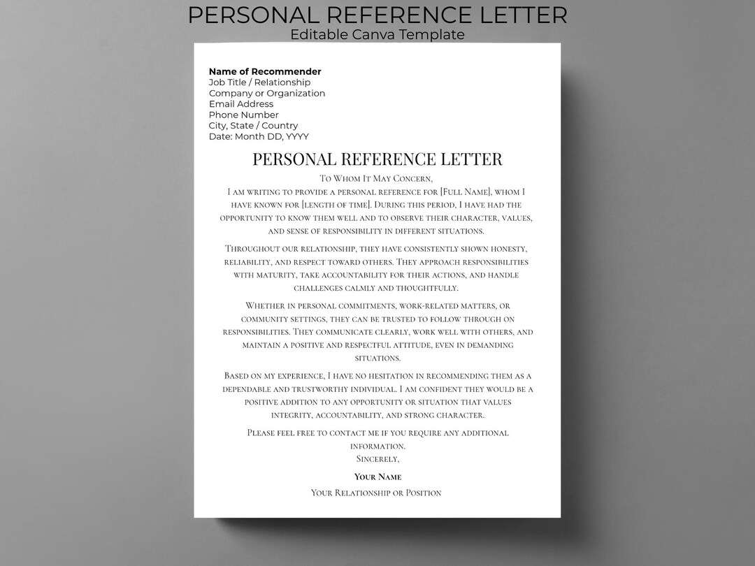 Personal Reference Letter Template Editable | Character Recommendation ...