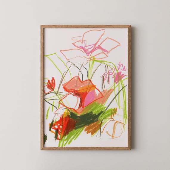 Original Floral Painting, Framed Abstract Drawing Contemporary Wall Art