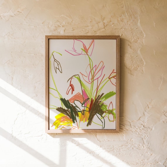 Original Floral Painting, Framed Abstract Drawing Contemporary Wall Art