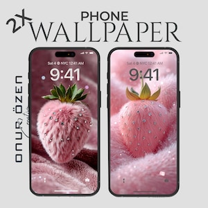 以下が含まれることがあります： ピンクのイチゴのデザインの2つの電話の壁紙。 イチゴはピンクの毛皮とラインストーンで覆われています。 時刻は午前9時41分です。 上部には「PHONE WALLPAPER」という文字があります。 左側には「ONUR ÖZEN creative」という文字があります。