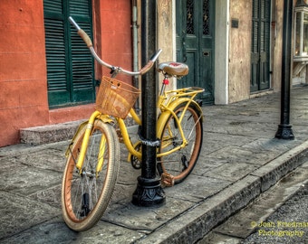 New Orleans Bicycle Photograph, French Quarter, Yellow Bike with Basket, Travel Photography, Louisiana, New Orleans Print, Mardi Gras