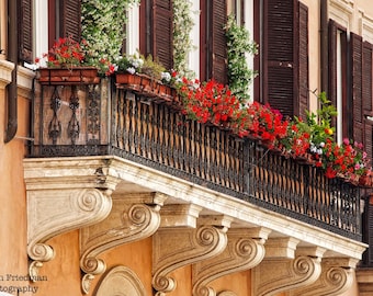 Piazza Navona Balcony with Red Flowers Fine Art Photograph Rome Italy Travel Photography Historic Window Shutters Flower Box Gernanium