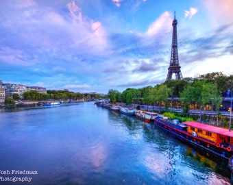 Paris Eiffel Tower Seine River Photograph Before Sunrise Bir Hakeim Bridge Morning Paris Photography Landscape Travel France Europe Boats