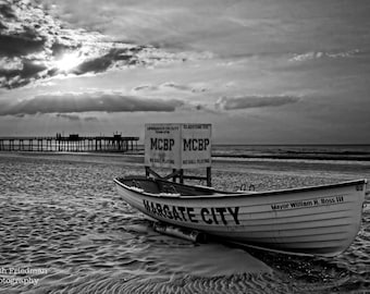 Margate Sunrise, New Jersey Shore, Black and White Photograph, Beach Decor, Margate Boat, Ocean, Fishing Pier, Morning, Summer, Print