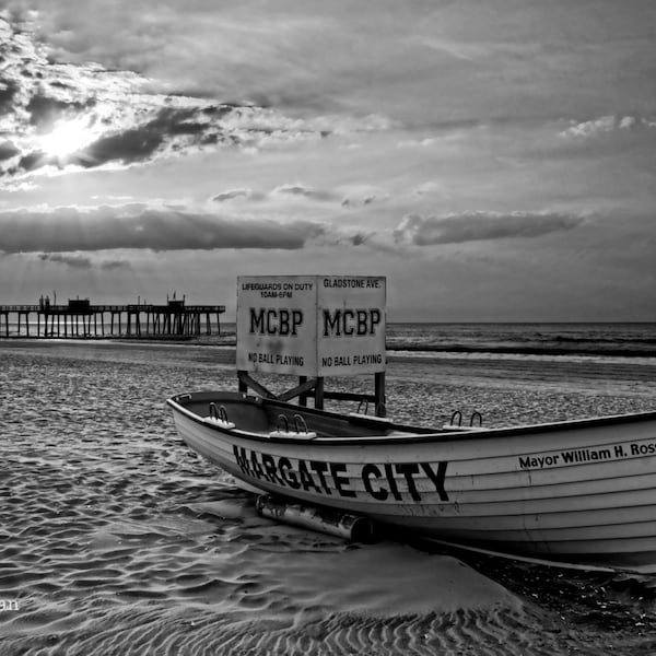 Margate Sunrise, New Jersey Shore, Black and White Photograph, Beach Decor, Margate Boat, Ocean, Fishing Pier, Morning, Summer, Print