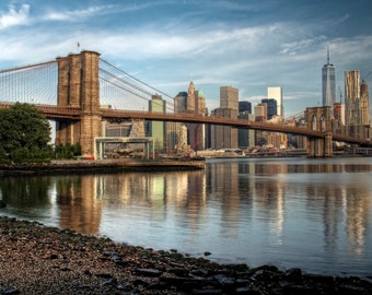 Brooklyn Bridge and Lower Manhattan, New York City, Landscape Photograph, World Trade Center, Freedom Tower, DUMBO, Reflection, Art Print