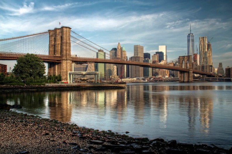 Brooklyn Bridge and Lower Manhattan, New York City, Landscape Photograph, World Trade Center, Freedom Tower, DUMBO, Reflection, Art Print image 1