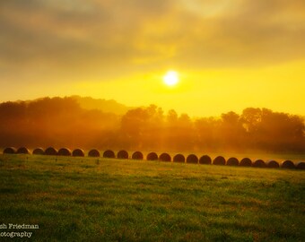 Haystacks, Rolling Hills, Rising Sun and Mist Landscape Photograph Solebury Township, Bucks County, Pennsylvania Sunrise Farm Photography