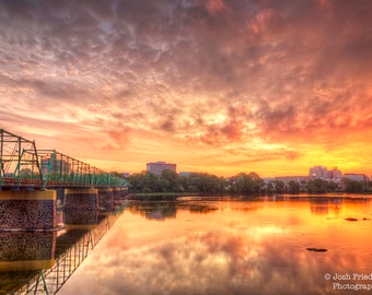 Calhoun Street Bridge Delaware River Sunrise Landscape Photograph Sky Bucks County Pennsylvania Photography Morrisville Trenton Reflection