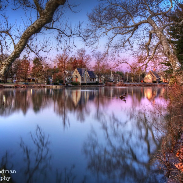 Lake Afton Before Sunrise Photograph Old Library Saint Andrews Church Yardley Bucks County Photography Blue Pink Reflection Sky Pennsylvania