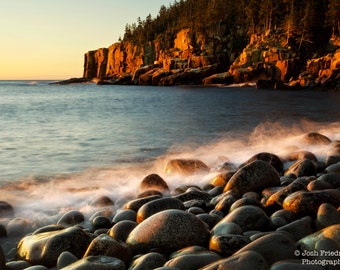 Acadia National Park Landscape Photograph Otter Cliff Boulder Beach Photography Bar Harbor Maine Coast Atlantic Ocean Rocks Waves Print