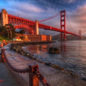 Golden Gate Bridge at Sunrise Landscape Photograph San Francisco California View from Fort Point in Morning Light HDR Photography Print image 1