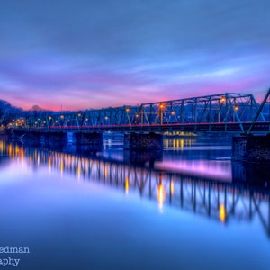 New Hope Lambertville Bridge Photograph Before Sunrise Delaware River Bucks County Photography Pennsylvania New Jersey Pink Sky Reflection