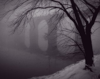 Bridge and Tree in Morning Fog Winter Black and White Photograph Gray Snow Delaware River Landscape Photography Reflection Wall Art Print