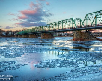 New Hope Lambertville Bridge Winter Landscape Photograph Ice Frozen Delaware River Bucks County Photography Pennsylvania Print New Jersey