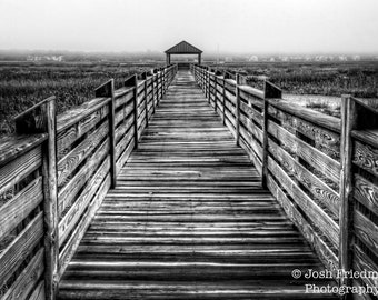 Hilton Head Fishing Pier, Black and White Photograph, South Carolina, Landscape Photography, Marsh, Lowcountry, Wood Grain, Gazebo, Fog