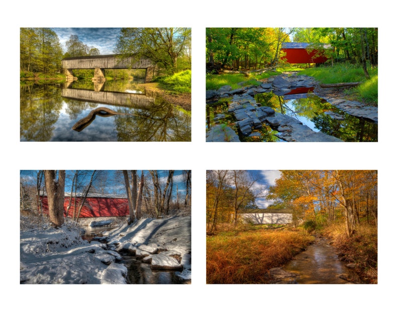 Covered Bridge Photo Set, Landscape Photography, Seasons, Historic Bridges, Color photographs, Bucks County, Pennsylvania, Home Decor, Art image 1