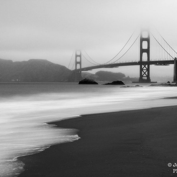 Golden Gate Bridge and Baker Beach Black and White Landscape Photograph Morning Fog San Francisco Bay California Photography Marin Headlands