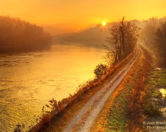 Bucks County Sunrise Photograph Delaware River Towpath Sun Nature Photography Lumberville Raven Rock Bridge Hills Zen Black Bass Hotel View