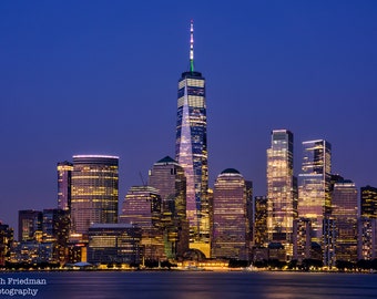 Lower Manhattan New York City Skyline Color Photograph NYC Freedom Tower Night Photography FiDi Blue Hour City Lights Jersey City View