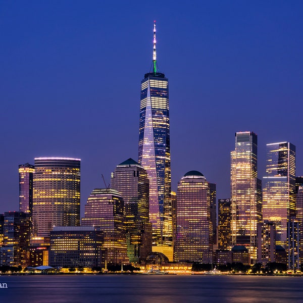 Lower Manhattan New York City Skyline Color Photograph NYC Freedom Tower Night Photography FiDi Blue Hour City Lights Jersey City View