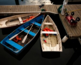 Rowboats and Radio Flyer, Fine Art Photograph, Boston Harbor, Home Decor, Nautical, Color Photography, Blue, White, Pier