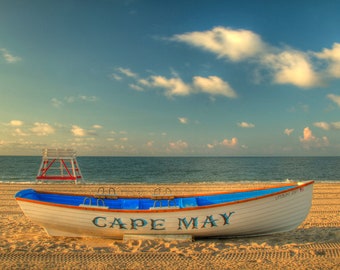 Cape May Morning Beach Color Photography Ocean New Jersey Shore Boat Beach Decor Sand Blue Sky Sand Home Decor Wall Art Print