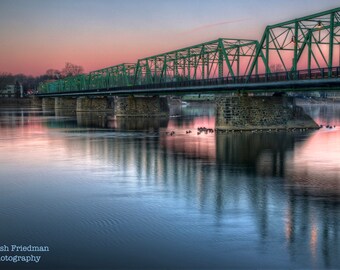 New Hope Lambertville Bridge at Sunrise Landscape Photograph Pink Sky Delaware River Reflection Bucks County Photography Pennsylvania Print