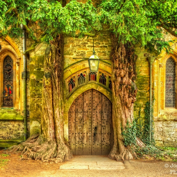 St. Edwards Church Door Windows Photograph, Cotswolds Print, Yew Trees, Medieval Church, Stow On The Wold, England, Lord of the Rings, Durin