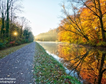 Delaware Canal Towpath Autumn Sunrise Landscape Photograph Bucks County Fall Foliage Yardley Photography Pennsylvania State Park Reflection