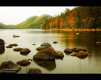 Jordan Pond Acadia National Park Landscape Photograph Fall Foliage Autumn Bubbles Mountains Bar Harbor Maine Photography Rocks Lake Print