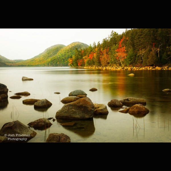 Jordan Pond Acadia National Park Landscape Photograph Fall Foliage Autumn Bubbles Mountains Bar Harbor Maine Photography Rocks Lake Print