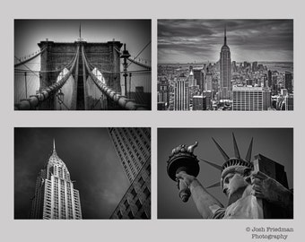 New York City Print Set Black and White Photography Historic landmark Iconic New York Brooklyn Bridge Statue of Liberty 4 Prints Wall Art