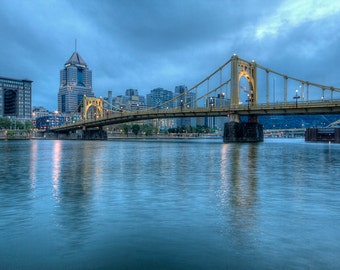 Roberto Clemente Bridge, Pittsburgh, Landscape Photograph, Reflection, Morning, Allegheny River, Pennsylvania, Blue, Wall Art, Three Rivers