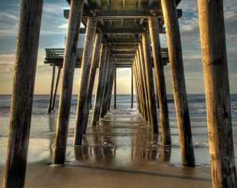 Under the Pier, Ocean City, New Jersey Shore, Color Photograph, Beach Decor, Ocean, Summer Morning, Sand, Blue Sky, Art Print