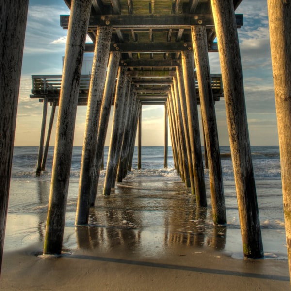 Under the Pier, Ocean City, New Jersey Shore, Color Photograph, Beach Decor, Ocean, Summer Morning, Sand, Blue Sky, Art Print