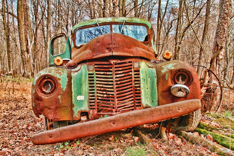 Rusty Old Green Truck in Autumn Color Photograph Vintage Car HDR Photograph Brown Green Rust Art Print Shabby Chic Home Decor image 2