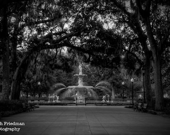 Forsyth Park Fountain, Black and White Photograph, Savannah, Georgia, Oak Trees, Spanish Moss, Historic, Southern, Landscape Photography