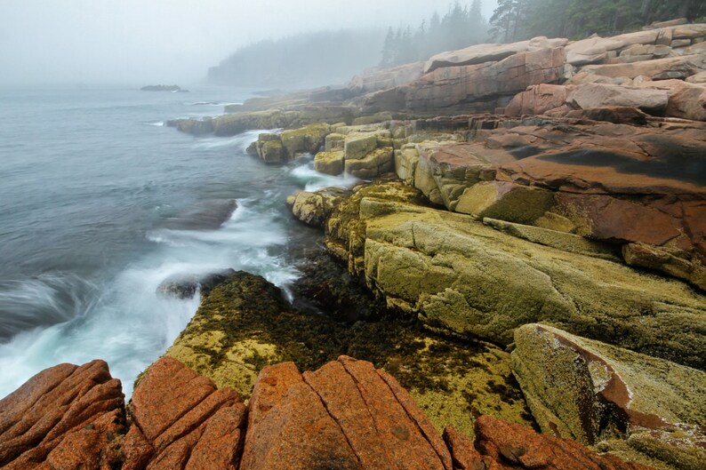 Acadia National Park Landscape Photograph, Maine, Rocky Coast, Black and White Photography, Fog, Atlantic Ocean, Bar Harbor, Monochrome Art