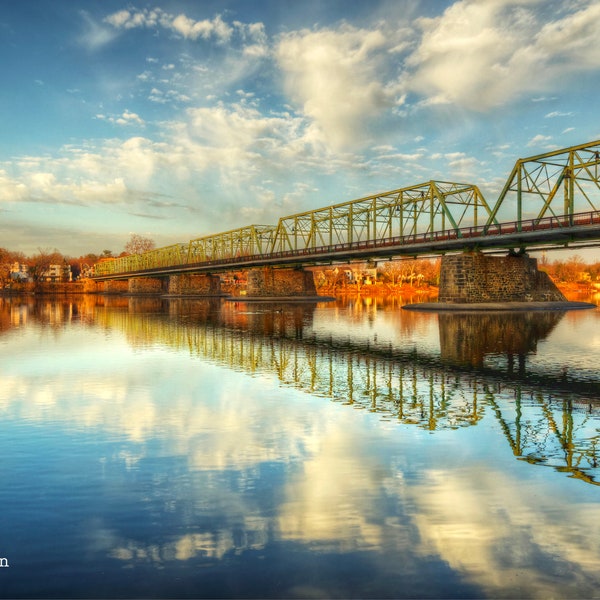 New Hope Lambertville Bridge Landscape Photograph Clouds Delaware River Reflection Bucks County Photography Pennsylvania Print New Jersey