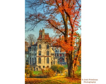 Fonthill Castle Photograph, Autumn, Bucks County, Landscape, Wall Art, Fall Foliage, Doylestown, Trees, Historic, Manor, Print, Vertical