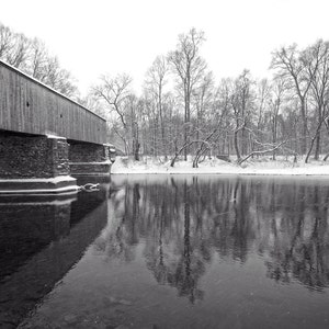 Schofield Ford Covered Bridge in Winter Black and White Photography Snow River Reflection Landscape Photograph Bucks County Pennsylvania image 1